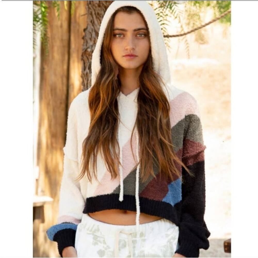 POL cropped berber drawstring hoodie colorblock multicolor small